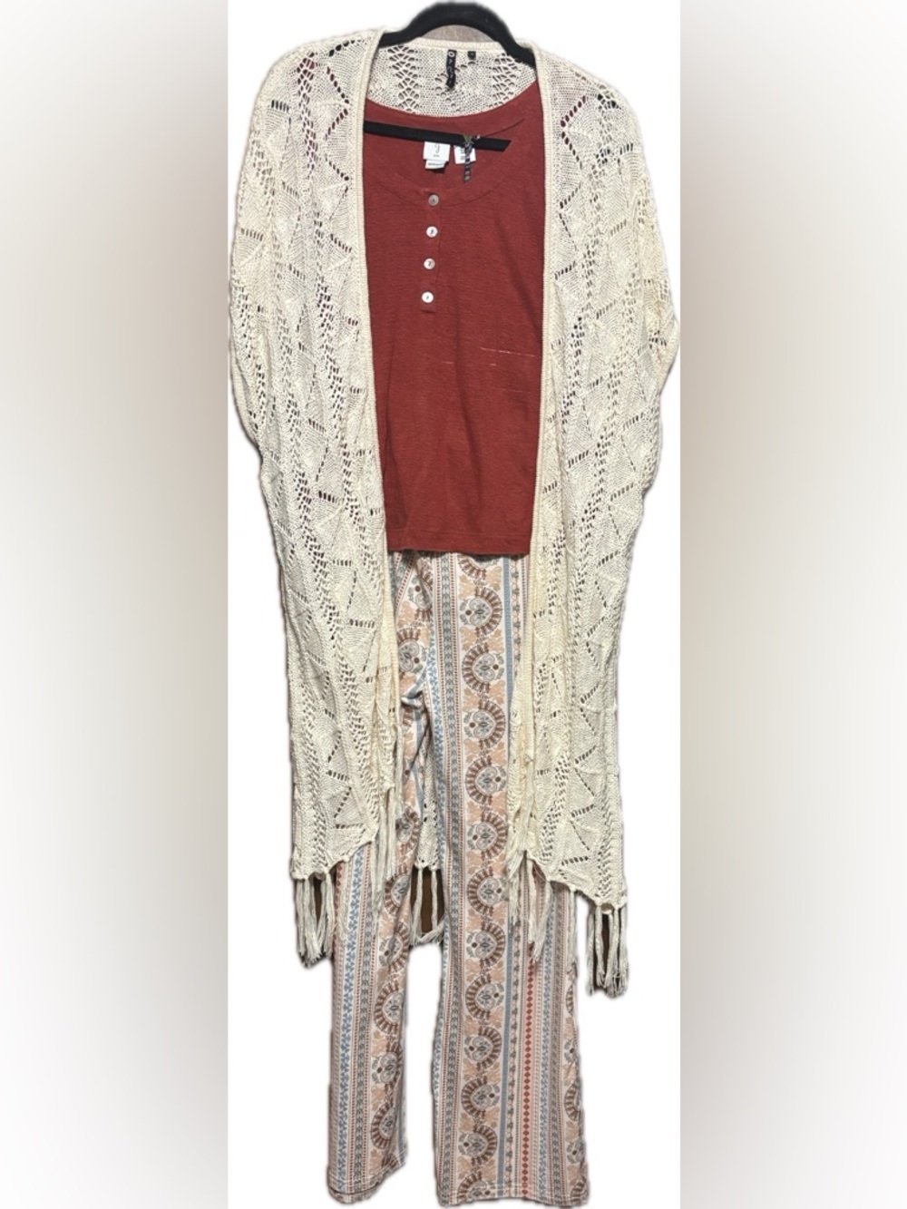 Joie Linen Tank ShoSho flares and Poof! crochet kimono Three piece outfit M/L - Picture 4 of 9